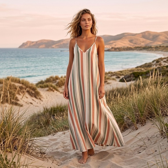 En Créme Dresses & Skirts - En Crème Women's Large Striped Cami Maxi Dress Crewneck V-Back Boho Beach